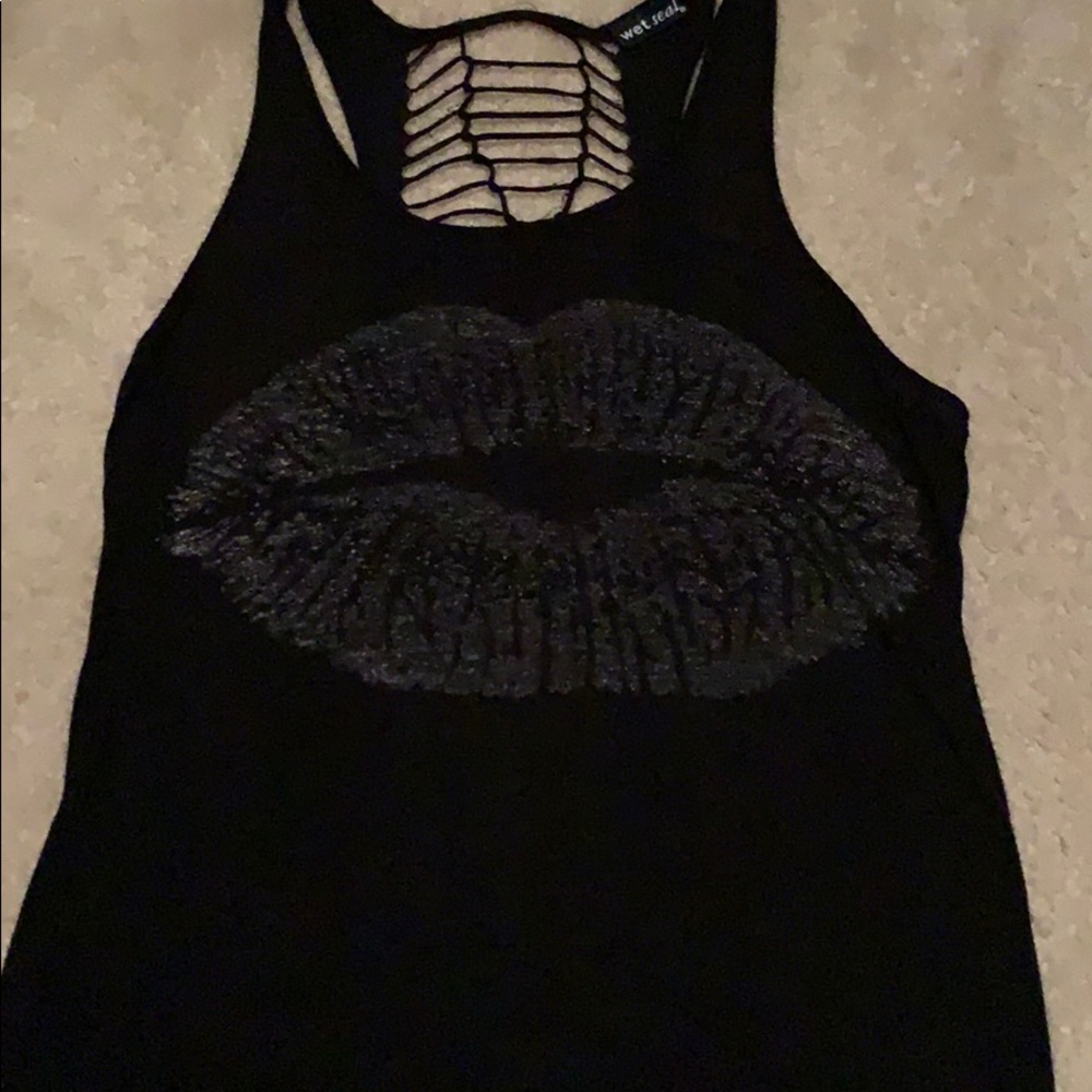 Shredded Tank Top with Lips and Open Back